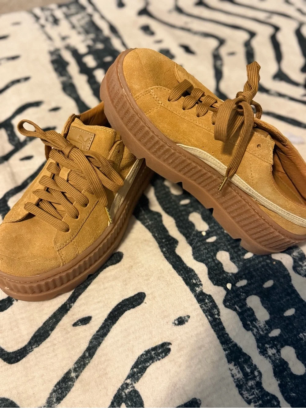 Rihanna Fenty Puma Suede Low-Top Sneakers in Tan and Cream